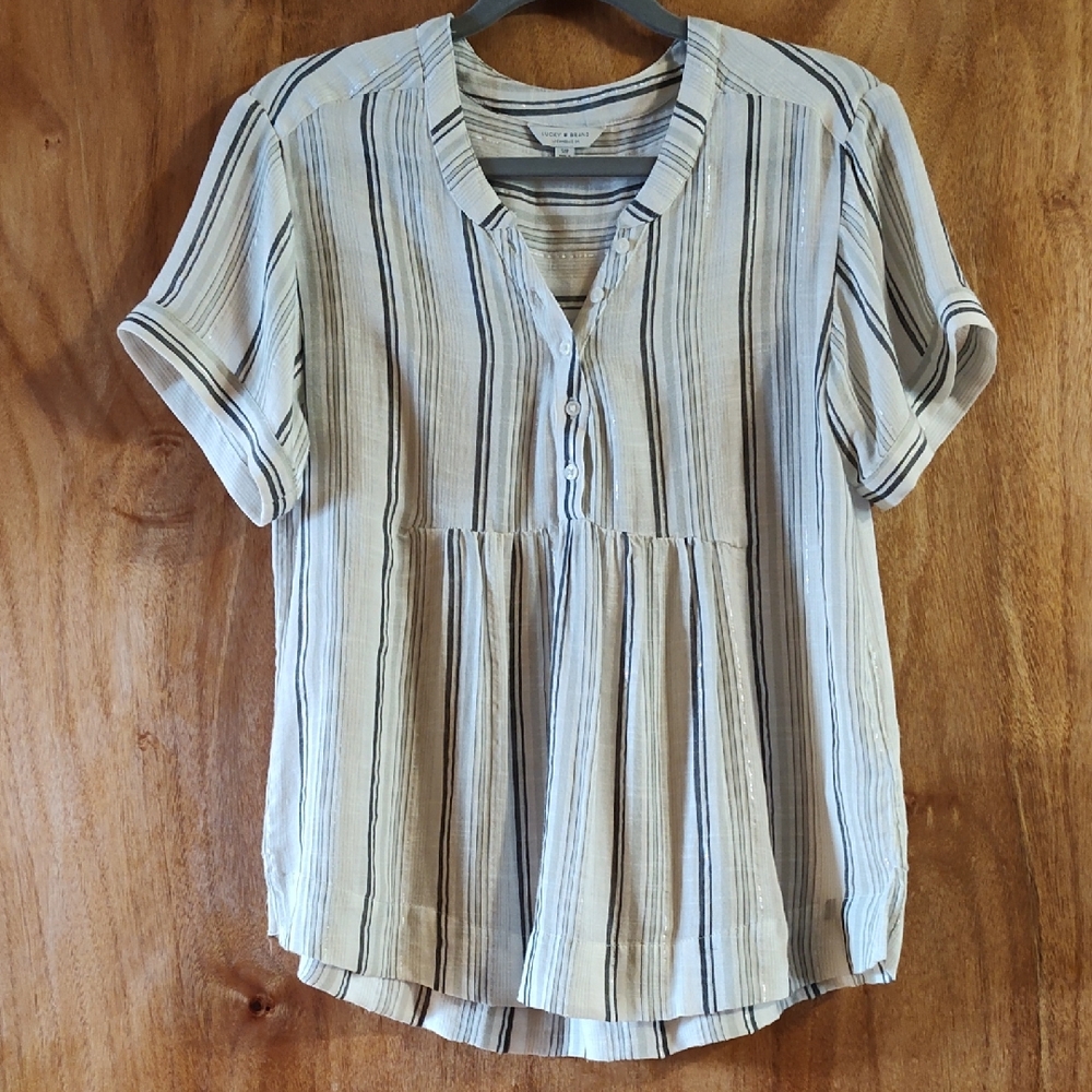 Lucky Brand Gauzy Cotton/Modal Popover Blouse Striped Cream Gray Silver India S